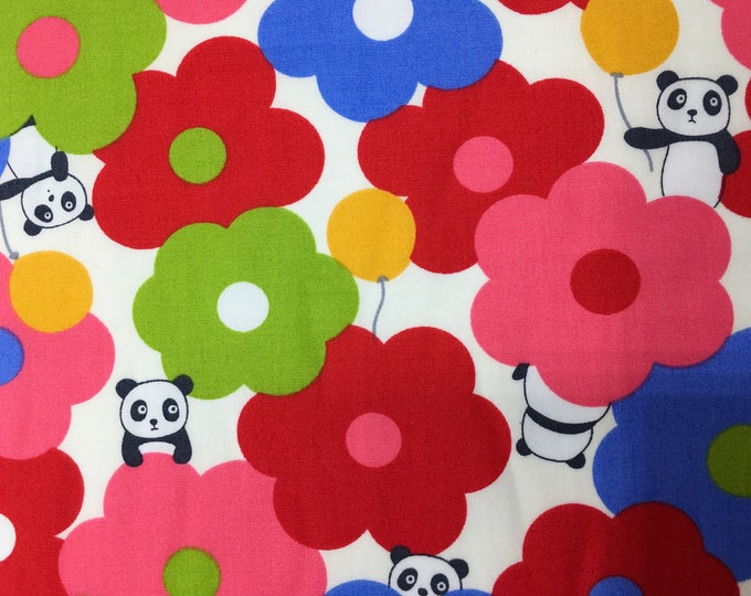 Cotton poplin with floral and panda kawaii print on off white