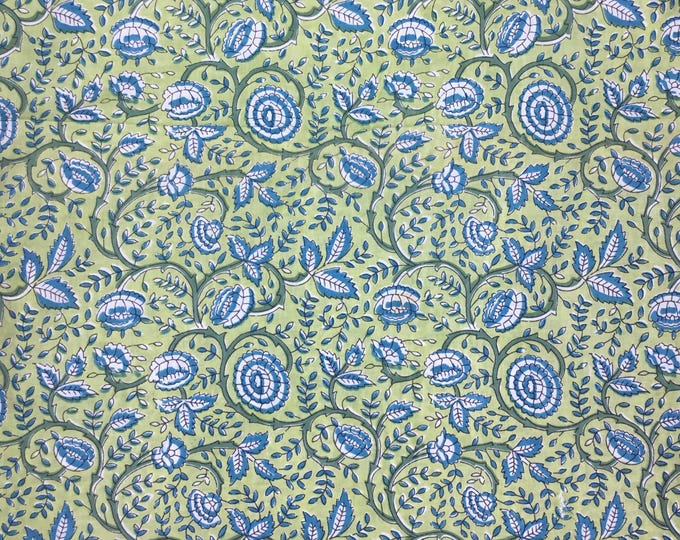 Indian block printed cotton voile, hand made. Apple green foliage Jaipur block print