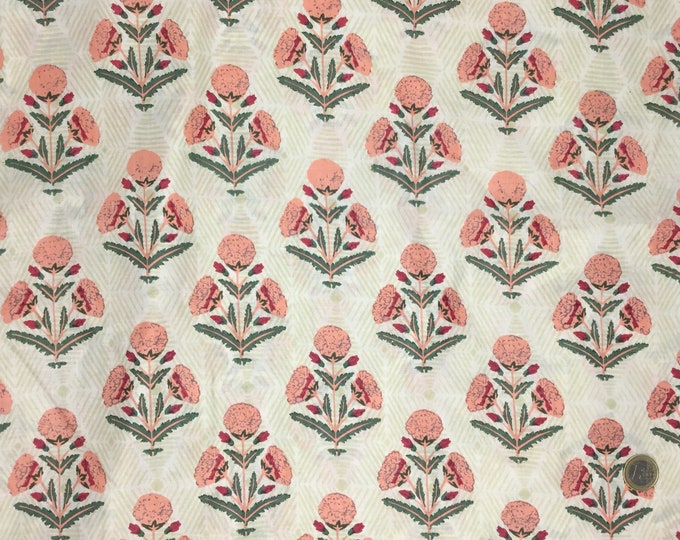 Indian block printed cotton muslin, hand made. Pink thistle Jaipur print