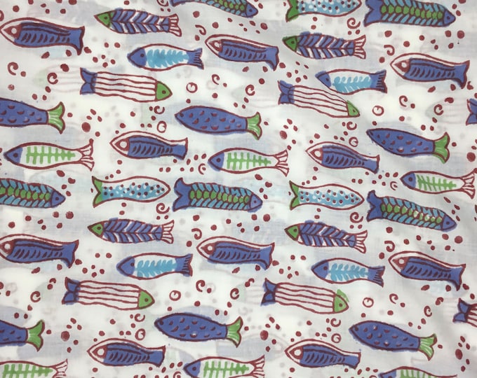 Indian block printed cotton muslin, hand made, fishes Jaipur print