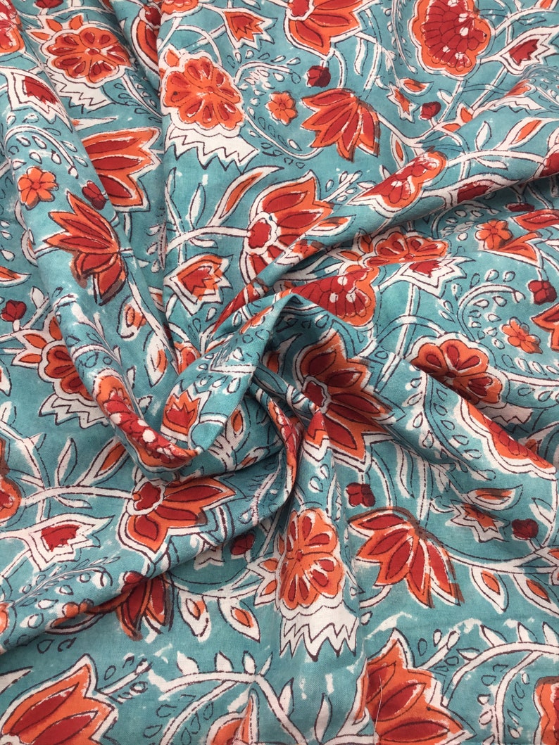 Indian block printed cotton muslin, hand made. Turquoise tulips Jaipur blockprint image 4