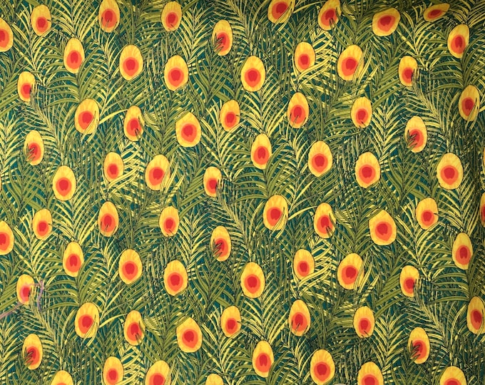 English Pima lawn cotton fabric. Feathers. Gold Peacock