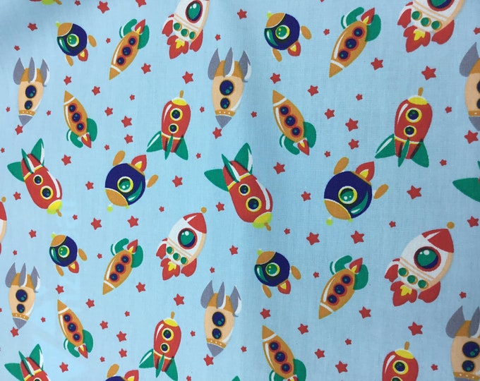 Oekotex certified cotton poplin, Space rockets on blue