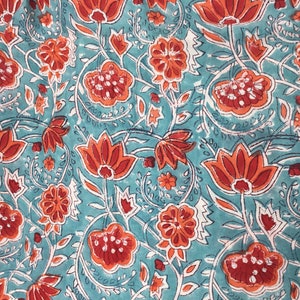 Indian block printed cotton muslin, hand made. Turquoise tulips Jaipur blockprint image 1