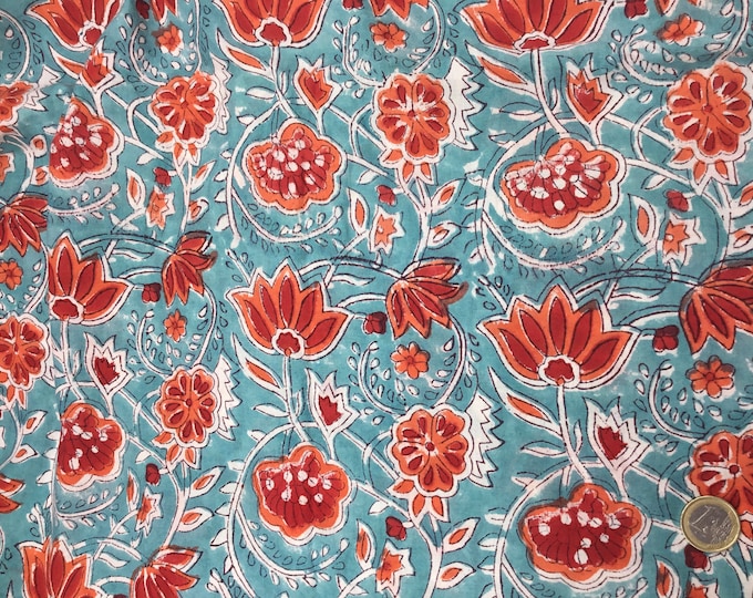 Indian block printed cotton muslin, hand made. Turquoise tulips Jaipur blockprint
