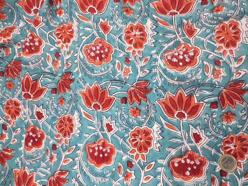 Indian block printed cotton muslin, hand made. Turquoise tulips Jaipur blockprint image 1