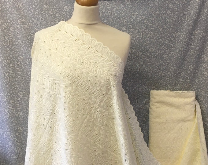 Ivory or cream embroidery anglaise, eyelet or broderie anglais cotton fabric, scalloped edges