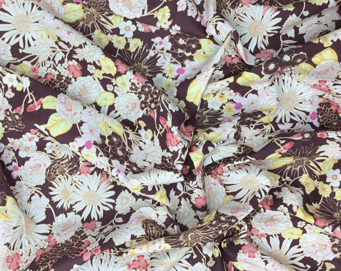 English Pima lawn cotton fabric, Aquarelle flowers on brown