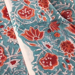 Indian block printed cotton muslin, hand made. Turquoise tulips Jaipur blockprint image 5