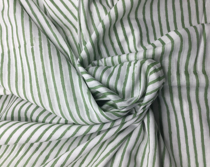 Indian block printed cotton muslin, hand made. Avocado green stripes Jaipur blockprint