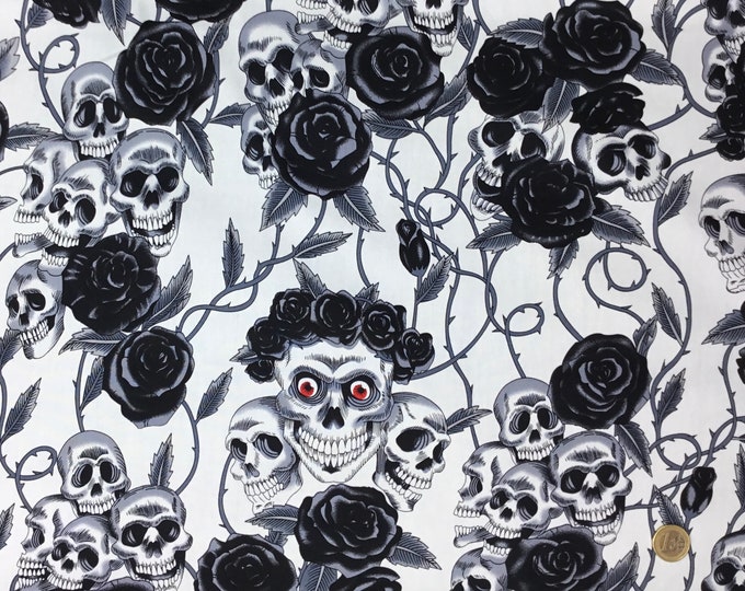 Cotton poplin with skeletons, skulls and roses