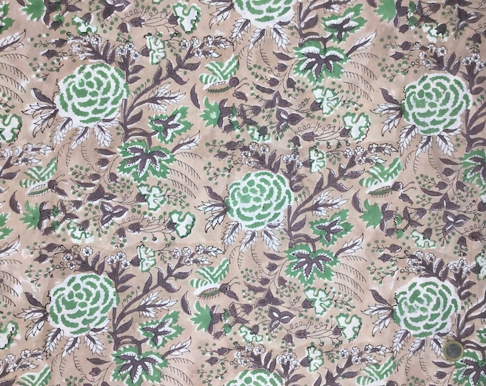 Indian block printed cotton muslin or blockprint cotton voile, hand made. Café latté Jaipur blockprint