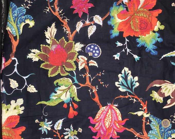 Indian block printed cotton muslin, hand made. Black Floral foliage Jaipur print