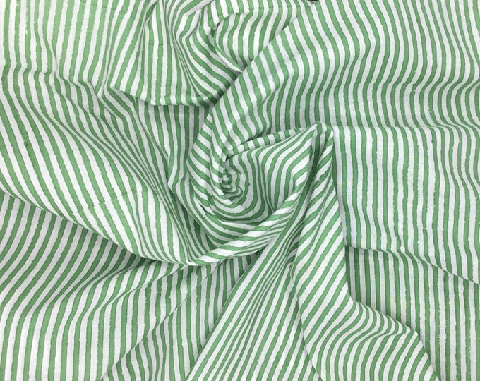 Indian block printed cotton voile, hand made. Jaipur Green stripes