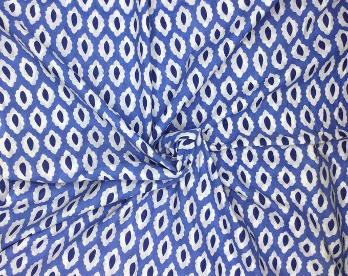 Indian block printed cotton voile, hand made. Blue foliage Jaipur block print