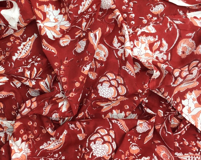 Indian block printed cotton voile, hand made. Red Jaipur