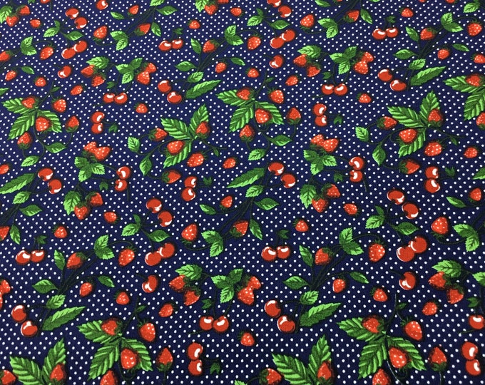 High quality cotton poplin. Strawberries and cherries on navy