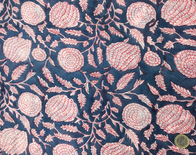 Indian block printed cotton muslin, hand made, Hot pink flowers on teal Jaipur print