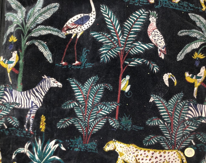 Indian hand printed cotton velvet. Black jungle velvet fabric