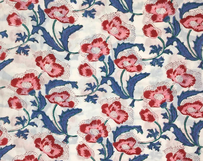 Indian block printed cotton voile, hand made. Jaipur Poppies