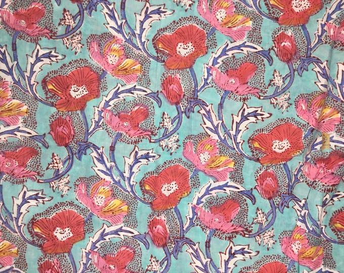 Indian block printed cotton voile, hand made. Mint green foliage Jaipur block print