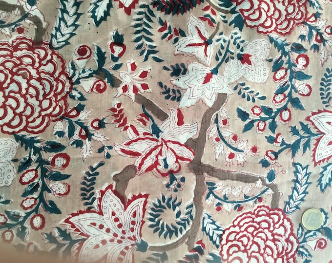Indian block printed cotton voile, hand made. Beige Jaipur