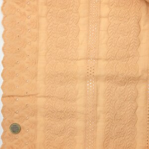 May include: Close-up of a peach-colored fabric with intricate eyelet and floral embroidery. The fabric features vertical stripes of detailed patterns, including scalloped edges and rows of small, evenly spaced holes. The design is symmetrical and detailed.