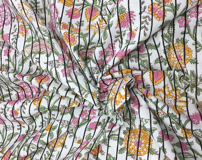 Indian block printed cotton muslin, hand made. Black striped floral