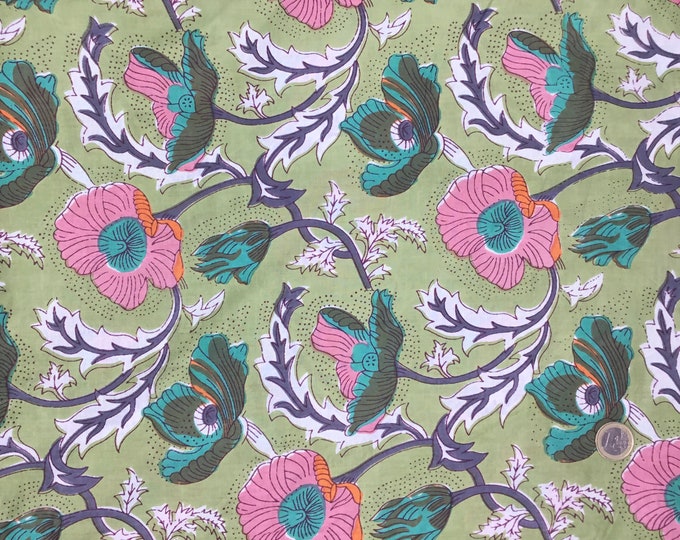 Indian block printed cotton muslin, hand made. Anemones on green Jaipur