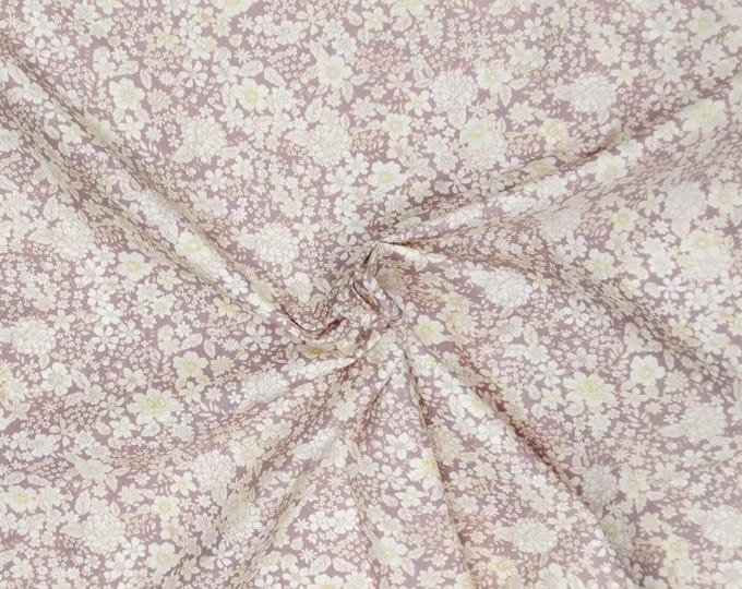 High quality cotton poplin printed in Japan, sepia floral print on soft lilac