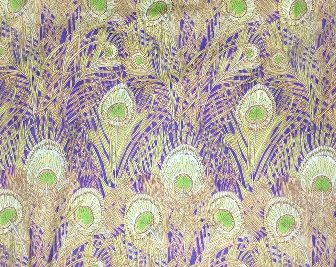 English Pima lawn cotton fabric, peacock feathers on blue