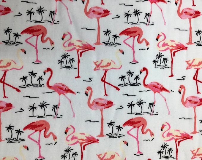 Cotton poplin with floral and flamingoes on off white