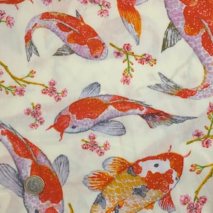 High quality cotton poplin printed in Japan, carpes koi on ivory