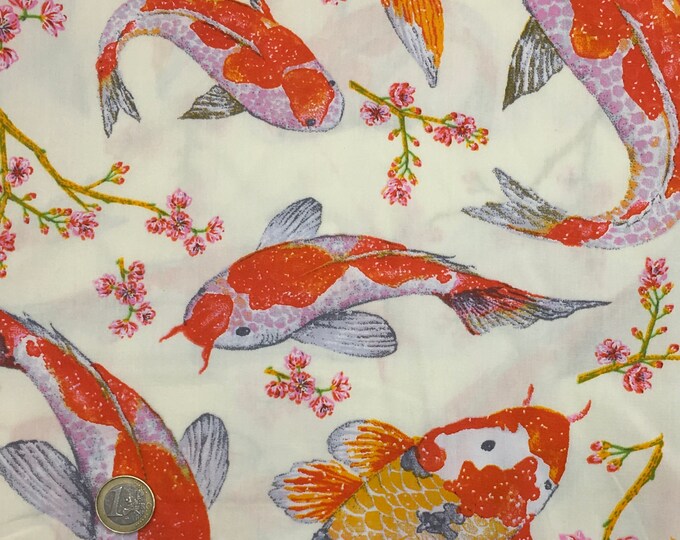 High quality cotton poplin printed in Japan, carpes koi on ivory