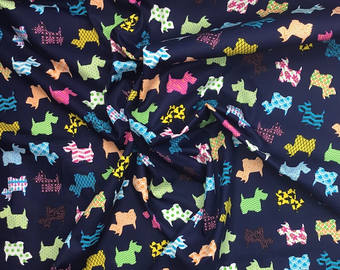 High quality cotton poplin. Fox terrier dogs on navy