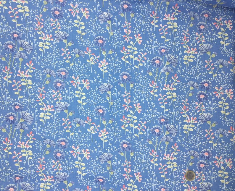 English Pima lawn cotton fabric, floral on sky blue image 3