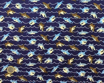 Popeline de coton oekotex, requins fond bleu marine