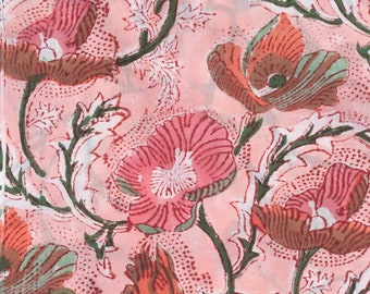 May include: A close-up of a floral fabric with a repeating pattern of pink and brown poppies, green stems, and white leaves on a light pink background. The fabric has a delicate, slightly translucent appearance.
