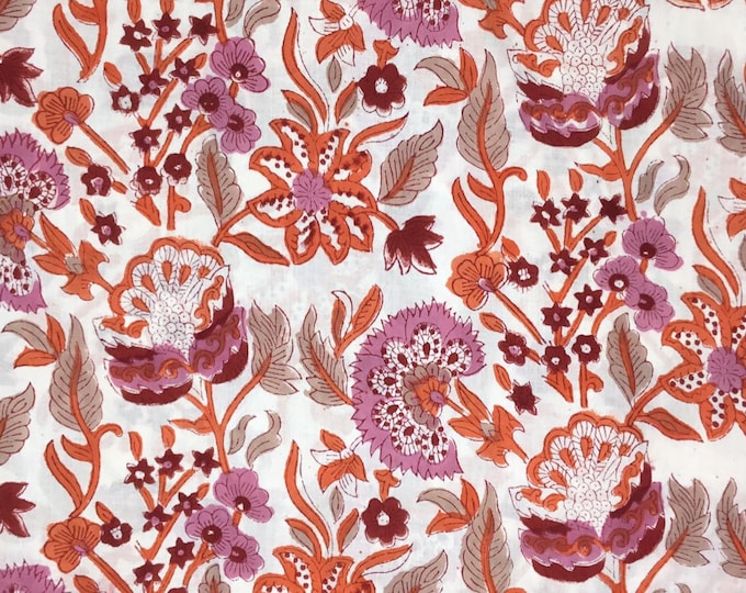 Indian block printed cotton muslin, hand made. Indian hot pink floral print. Jaipur