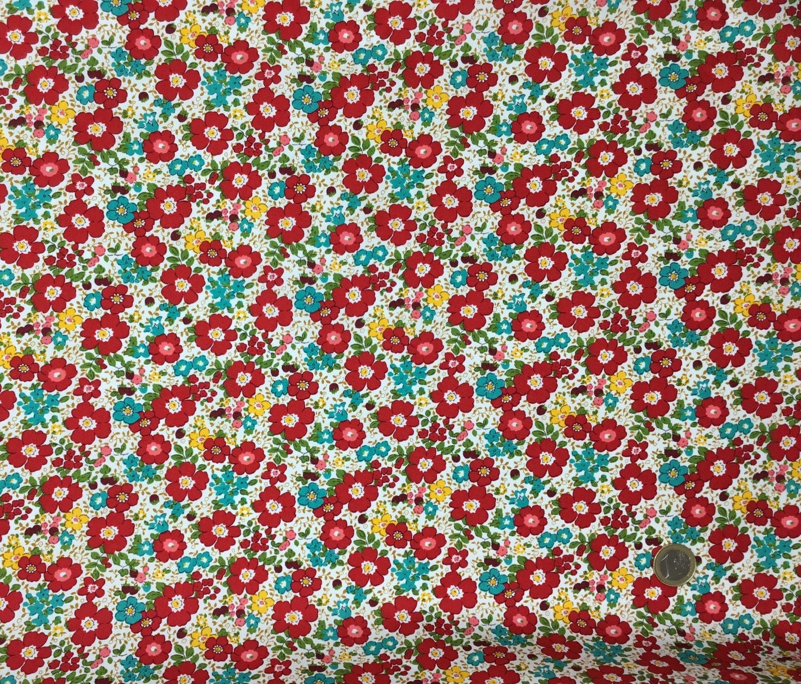 Cotton poplin with red floral on off white