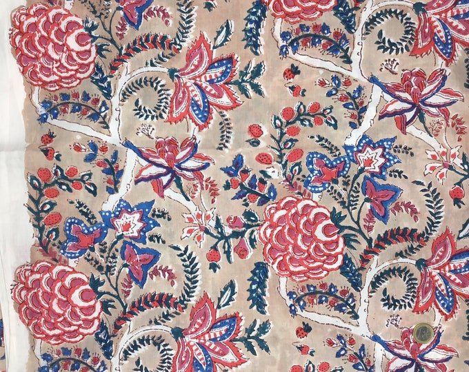 Indian block printed cotton muslin, hand made. Beige Jaipur blockprint