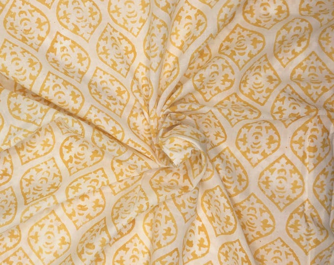 Indian block printed cotton voile, hand made. Yellow Jaipur block print
