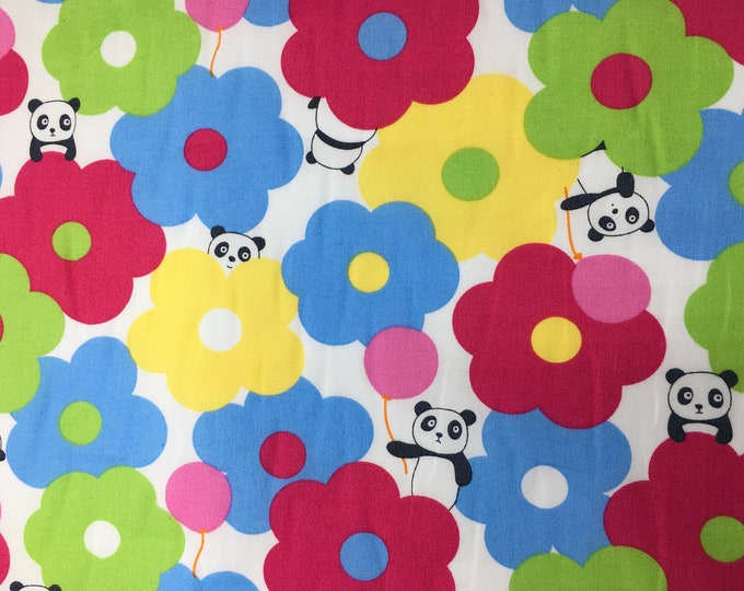 Cotton poplin with floral and panda kawaii print on off white