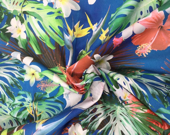 High quality cotton poplin, floral print on turquoise blue