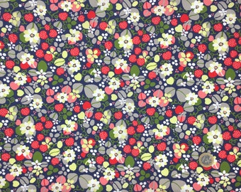 English Pima lawn cotton fabric, priced per 25cm. Strawberries  on navy