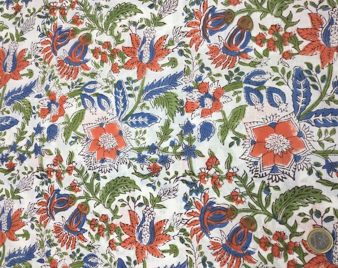 Indian block printed cotton muslin, hand made. Orange floral