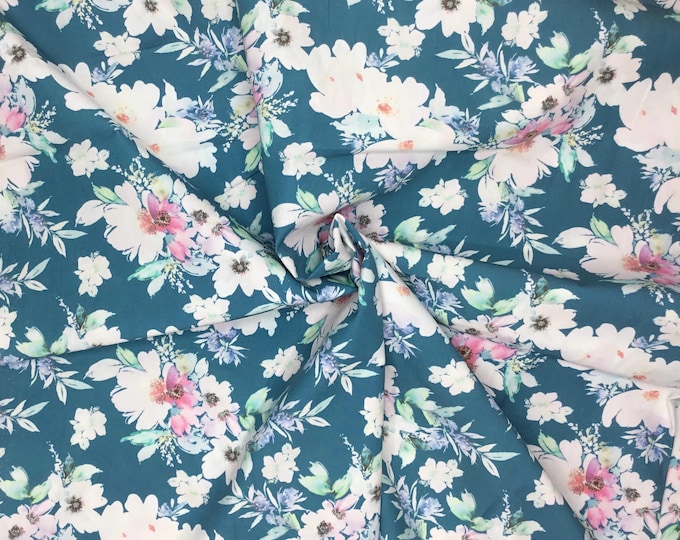High quality cotton poplin, floral print on duck green