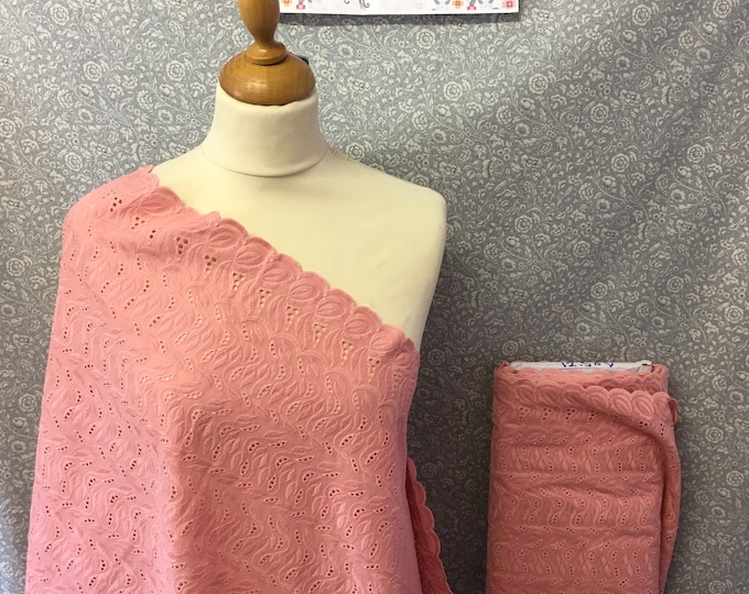 Antique pink embroidery anglaise, eyelet or broderie anglais cotton fabric, scalloped edges