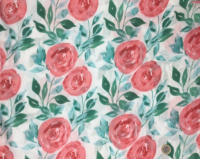 Indian cotton muslin or cotton voile. Roses on off white Jaipur