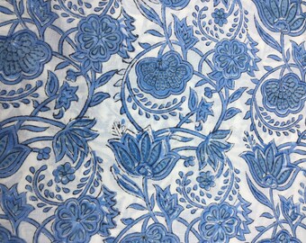 Tissu voile de coton imprimé à la main en Inde. Jaipur bleu faïence